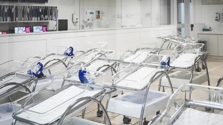 Maternity room in hospital and empty cribs of children lined up