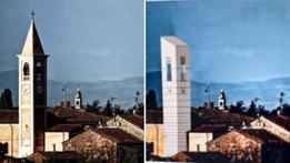 Il campanile della chiesa di Bondanello di Moglia, come era prima del 2012 e come sarà ricostruito